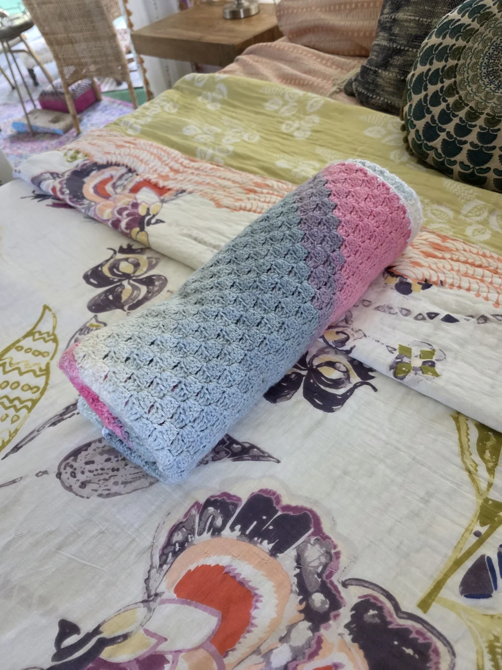 Handmade Striped Crochet Throw Blanket - Pink, Blue & White
